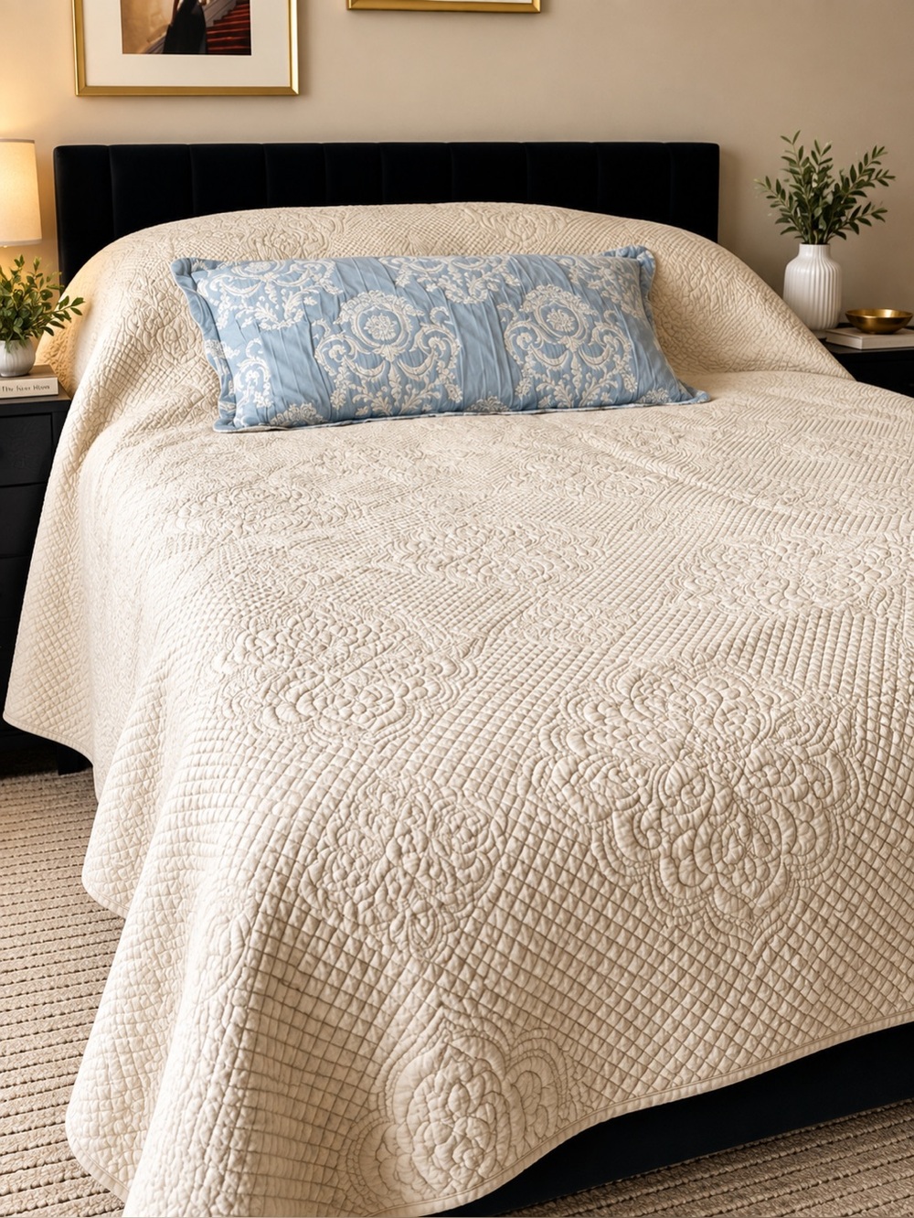 Amish Ivory Cream Quilt Bedspread Floral Matelassé Coverlet Cottagecore French